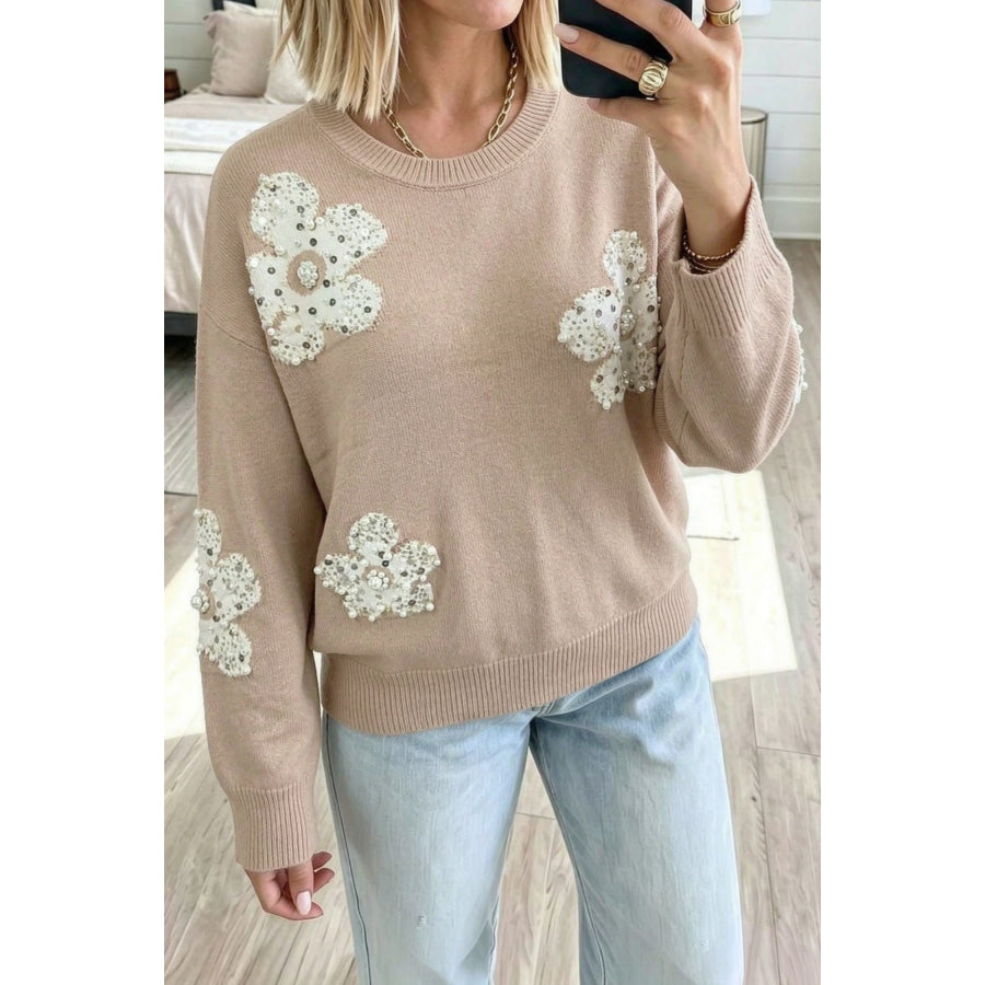 Smoke Gray Beaded Floral Patchwork Ribbed Trim Round Neck Sweater / S Sweaters & Cardigans/Sweaters