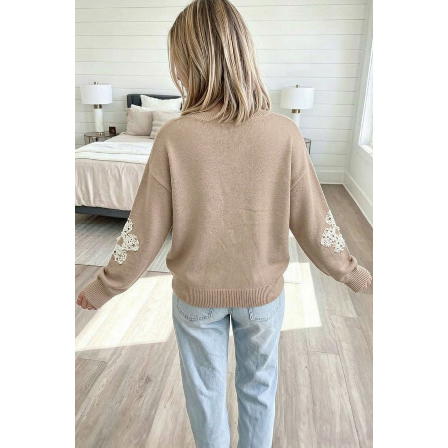 Smoke Gray Beaded Floral Patchwork Ribbed Trim Round Neck Sweater / S Sweaters & Cardigans/Sweaters