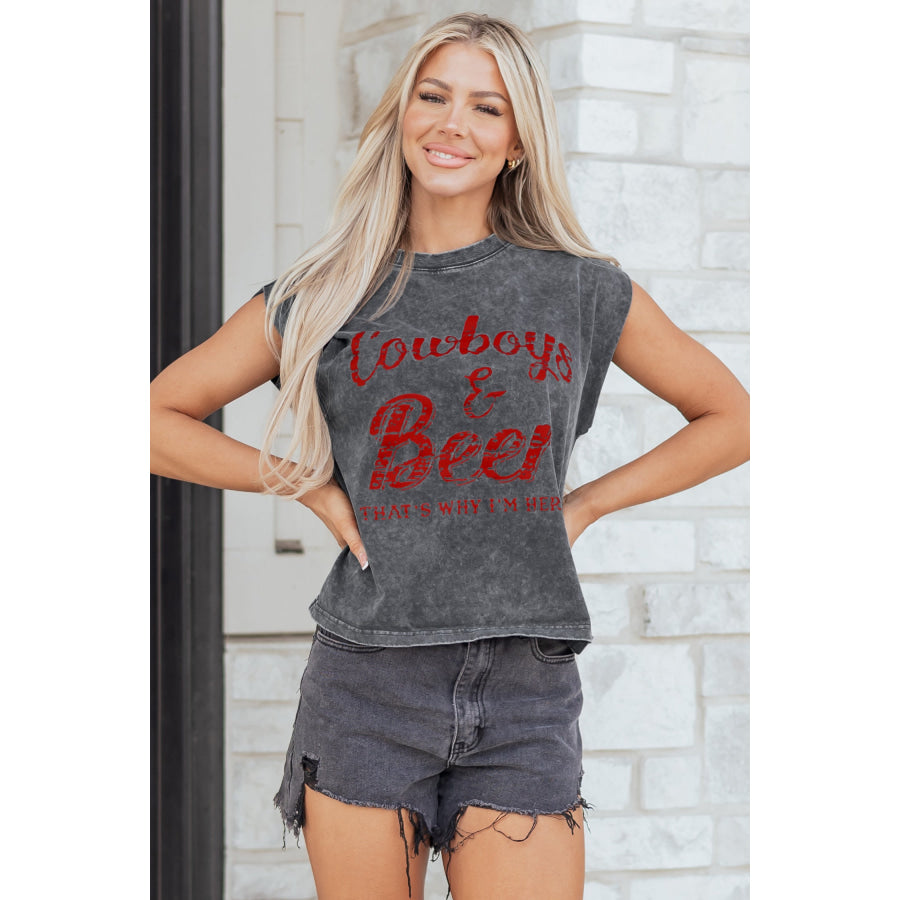 Smoke Gray Cowboy & Beer Western Graphic Mineral Wash Tank Top Sleet / S / 100% Cotton Tops/Tank Tops
