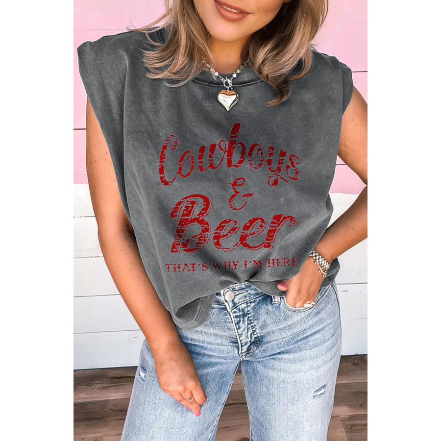 Smoke Gray Cowboy & Beer Western Graphic Mineral Wash Tank Top Tops/Tank Tops