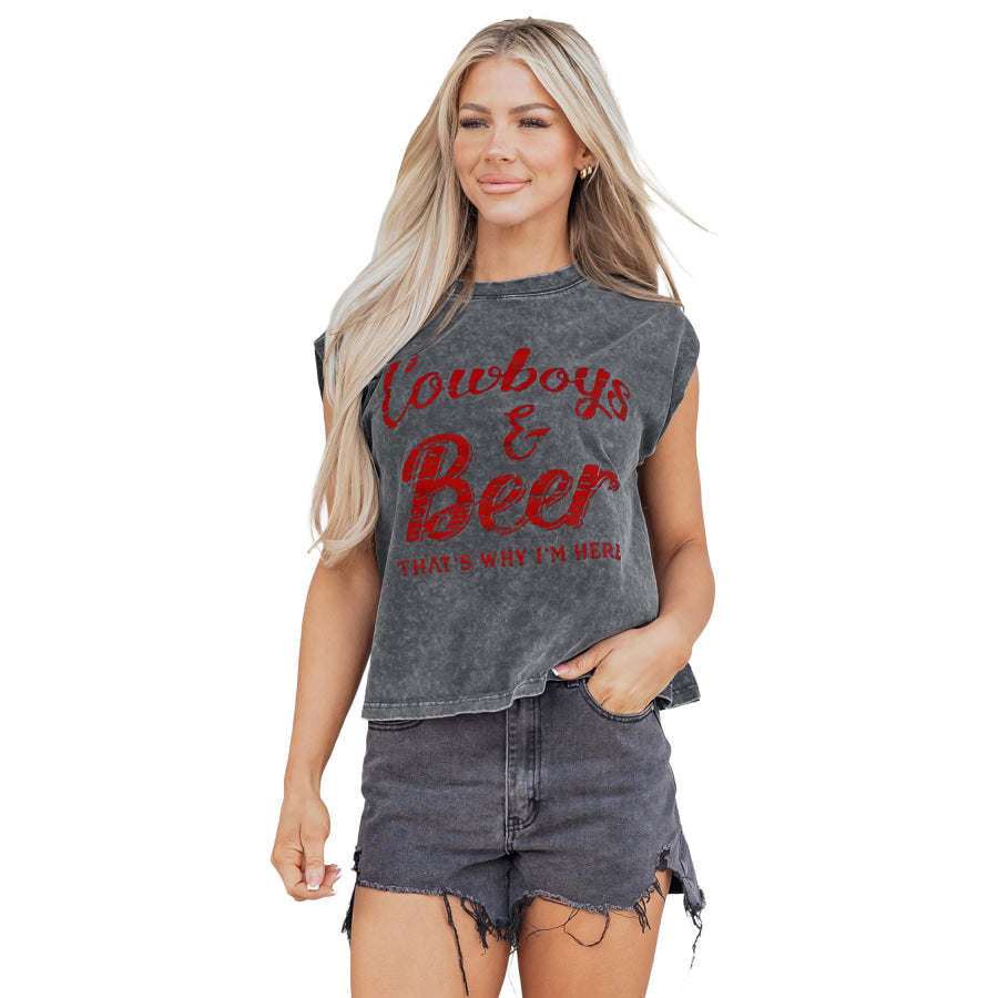 Smoke Gray Cowboy & Beer Western Graphic Mineral Wash Tank Top Tops/Tank Tops