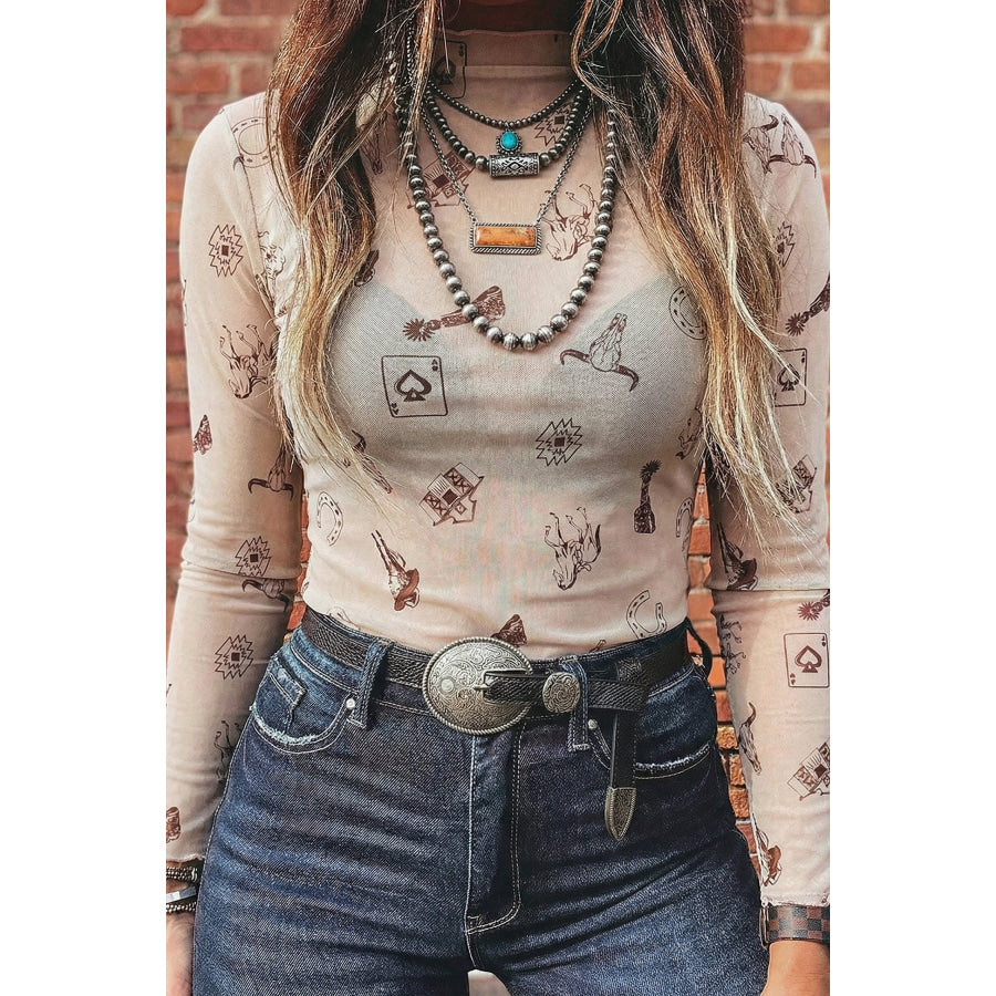 Smoke Gray Floral Print Slim Fit Mesh Long Sleeve Mock Neck Top Oatmeal / S / 95% Polyester + 5% Elastane Tops/Long Sleeve Tops