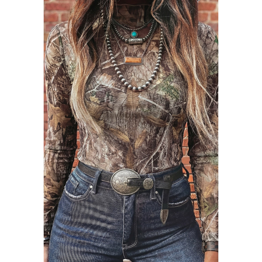 Smoke Gray Floral Print Slim Fit Mesh Long Sleeve Mock Neck Top Smoke Gray / S / 95% Polyester + 5% Elastane Tops/Long Sleeve Tops