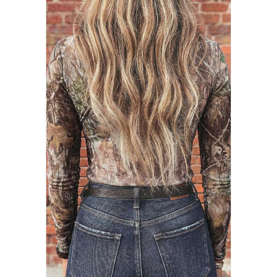 Smoke Gray Floral Print Slim Fit Mesh Long Sleeve Mock Neck Top Tops/Long Sleeve Tops