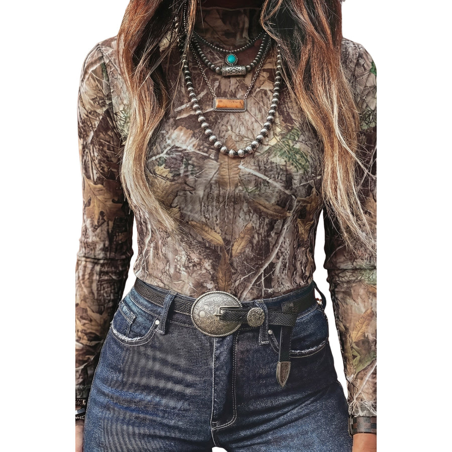 Smoke Gray Floral Print Slim Fit Mesh Long Sleeve Mock Neck Top Tops/Long Sleeve Tops