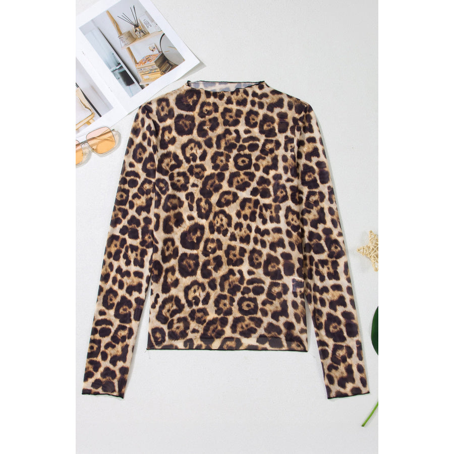 Smoke Gray Floral Print Slim Fit Mesh Long Sleeve Mock Neck Top Tops/Long Sleeve Tops
