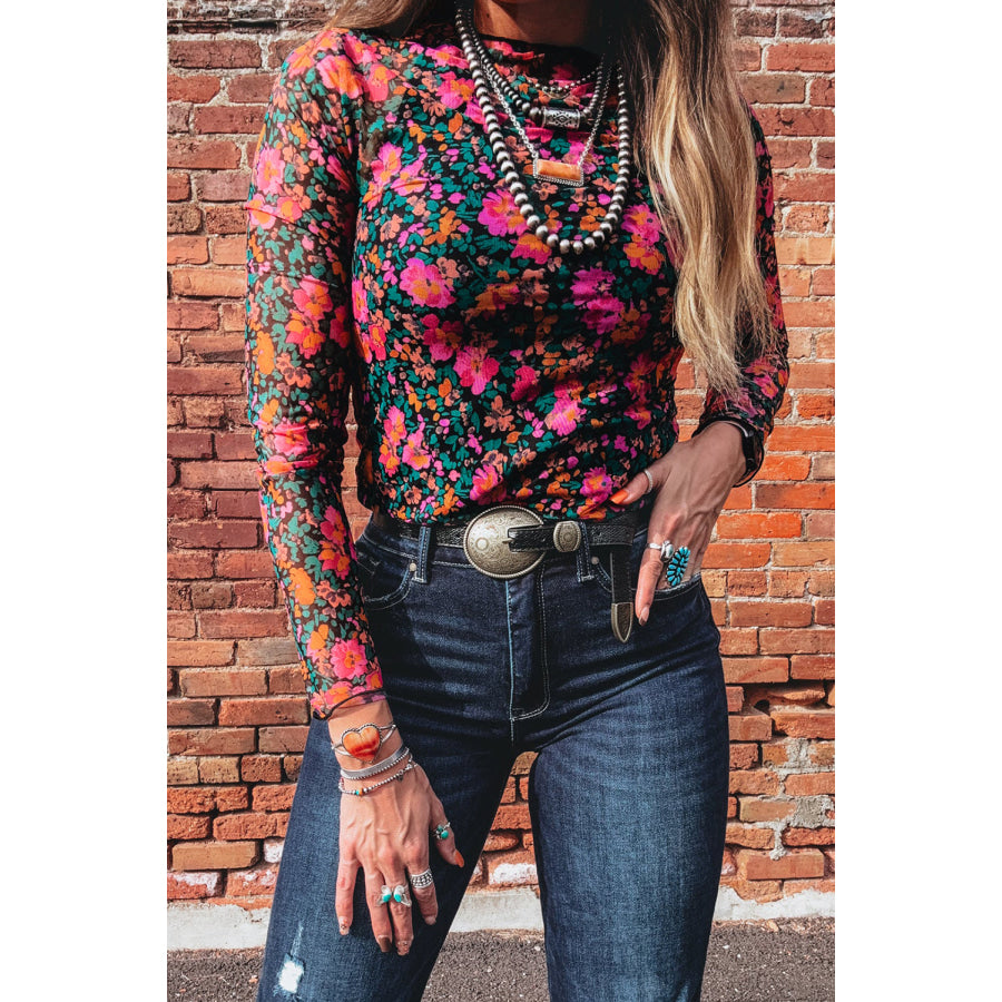 Smoke Gray Floral Print Slim Fit Mesh Long Sleeve Mock Neck Top Tops/Long Sleeve Tops
