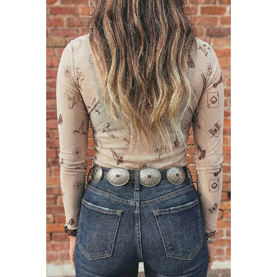 Smoke Gray Floral Print Slim Fit Mesh Long Sleeve Mock Neck Top Tops/Long Sleeve Tops