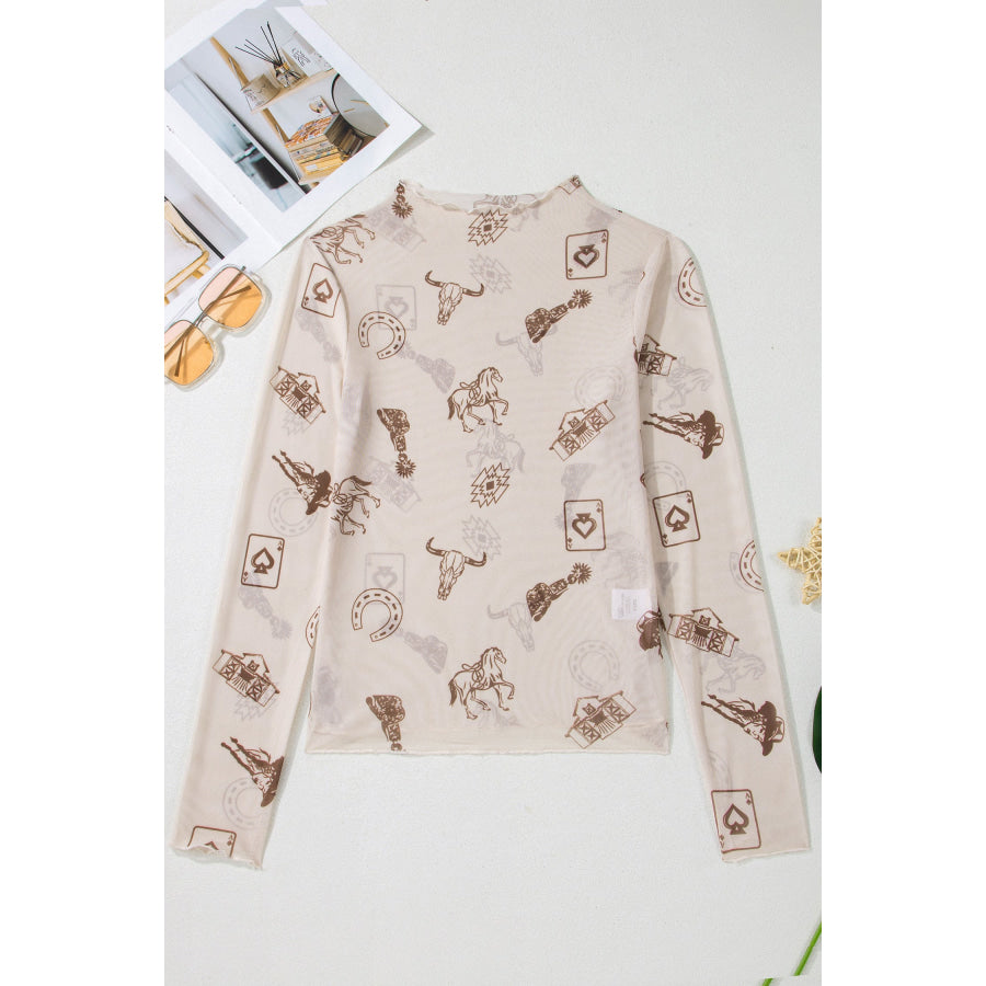 Smoke Gray Floral Print Slim Fit Mesh Long Sleeve Mock Neck Top Tops/Long Sleeve Tops