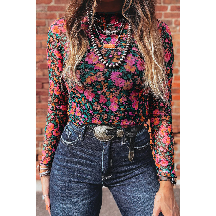 Smoke Gray Floral Print Slim Fit Mesh Long Sleeve Mock Neck Top Tops/Long Sleeve Tops