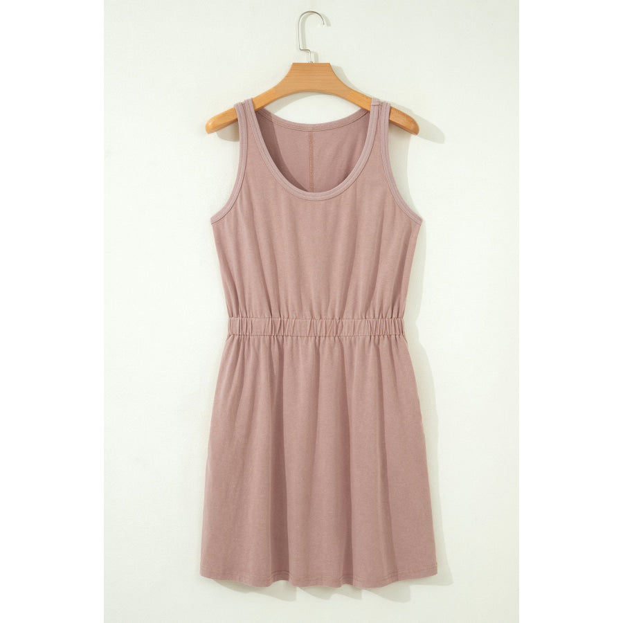 Smoke Gray Mineral Wash U Neck Elastic Waist Sleeveless Mini Dress Dresses/Mini Dresses