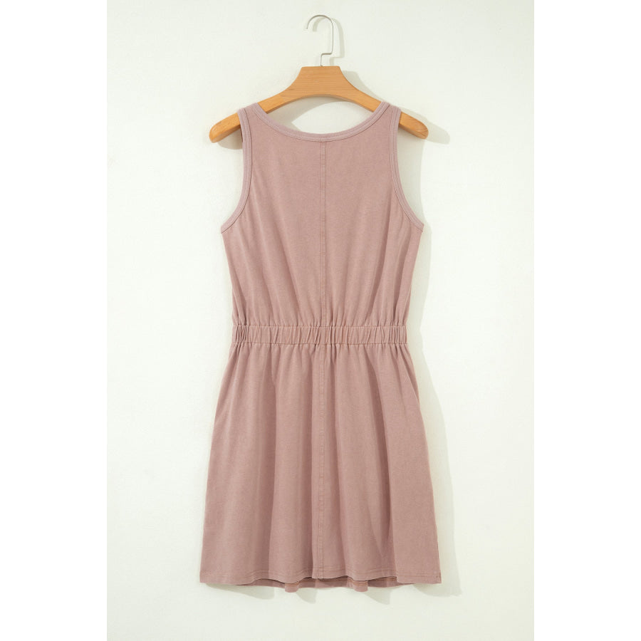 Smoke Gray Mineral Wash U Neck Elastic Waist Sleeveless Mini Dress Dresses/Mini Dresses