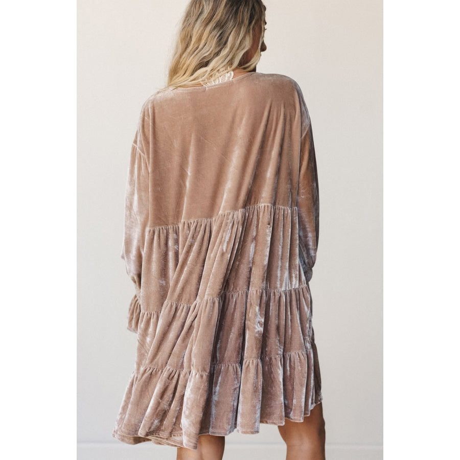 Smoke Gray Solid Color V Neck Velvet Tiered Long Sleeve Dress / S Dresses/Mini Dresses