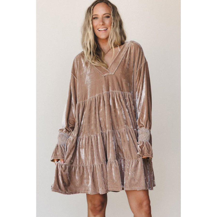 Smoke Gray Solid Color V Neck Velvet Tiered Long Sleeve Dress Dresses/Mini Dresses