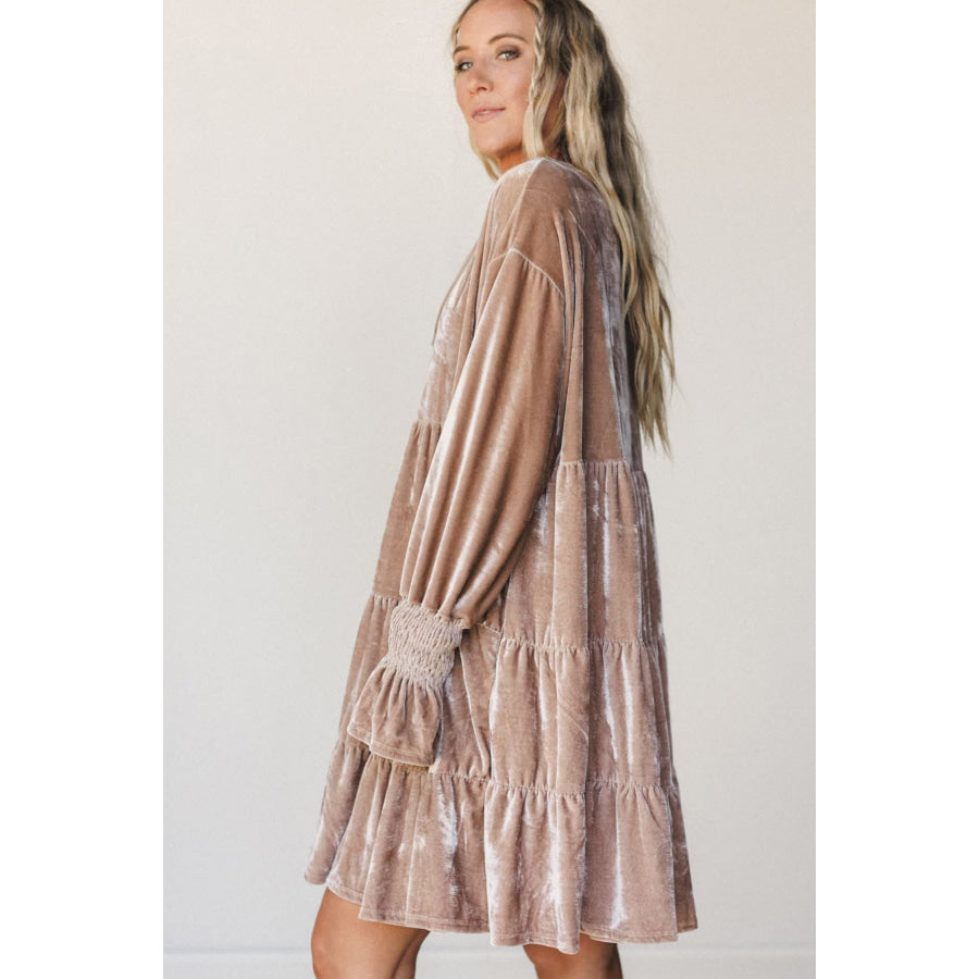 Smoke Gray Solid Color V Neck Velvet Tiered Long Sleeve Dress Dresses/Mini Dresses