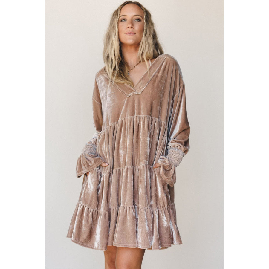Smoke Gray Solid Color V Neck Velvet Tiered Long Sleeve Dress Dresses/Mini Dresses