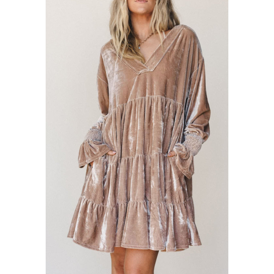 Smoke Gray Solid Color V Neck Velvet Tiered Long Sleeve Dress / S Dresses/Mini Dresses