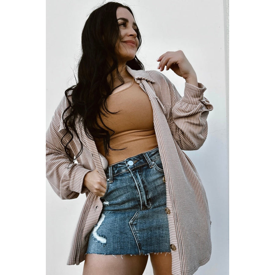 Smoke Gray Solid Corded Drop Shoulder Plus Size Shacket Sale (50% OFF)/Sale (50% OFF)