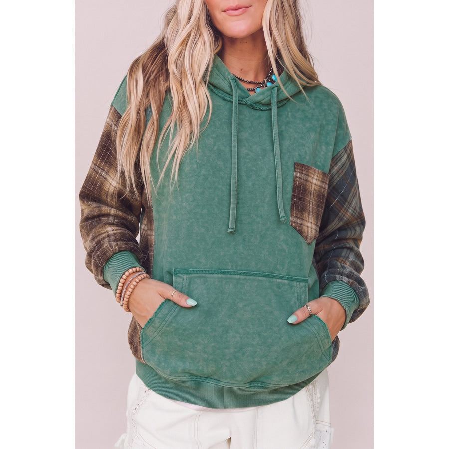 Smoke Green Plaid Colorblock Hoodie Smoke Green / S / 100% Cotton Tops/Sweatshirts & Hoodies