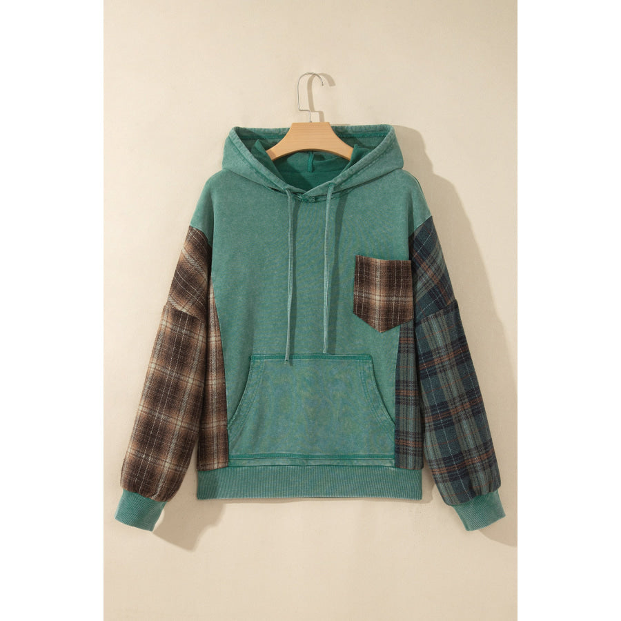 Smoke Green Plaid Colorblock Hoodie Tops/Sweatshirts & Hoodies