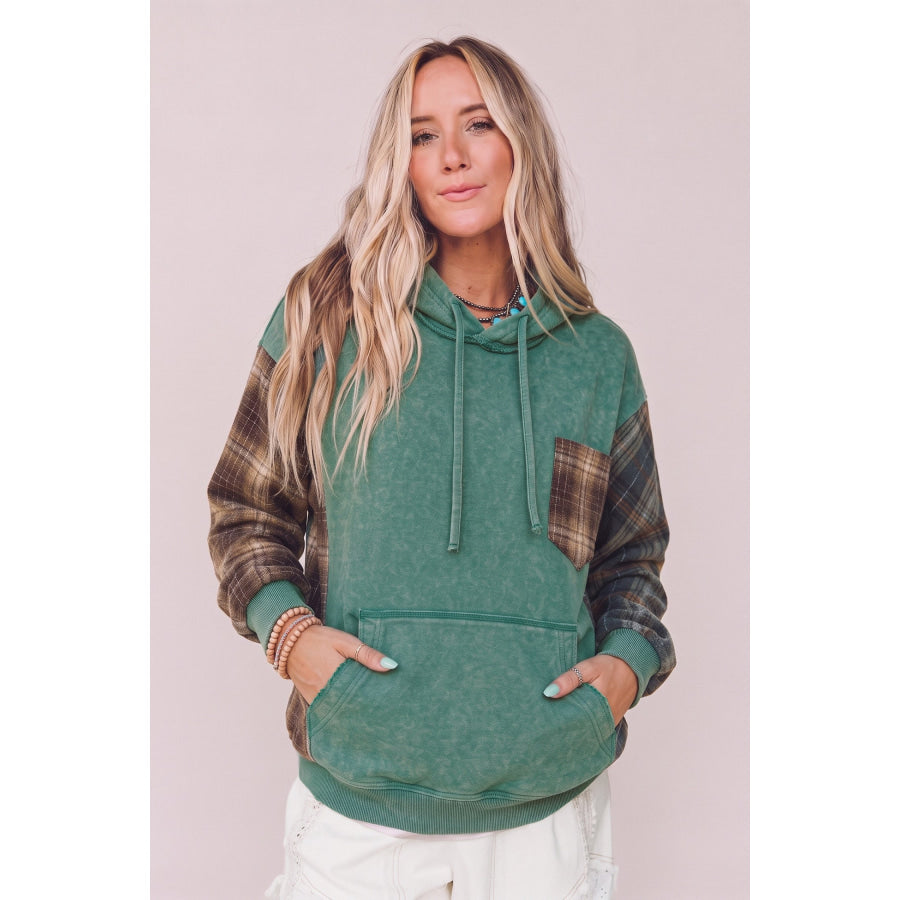 Smoke Green Plaid Colorblock Hoodie Tops/Sweatshirts & Hoodies