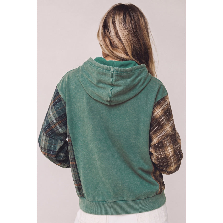 Smoke Green Plaid Colorblock Hoodie Tops/Sweatshirts & Hoodies