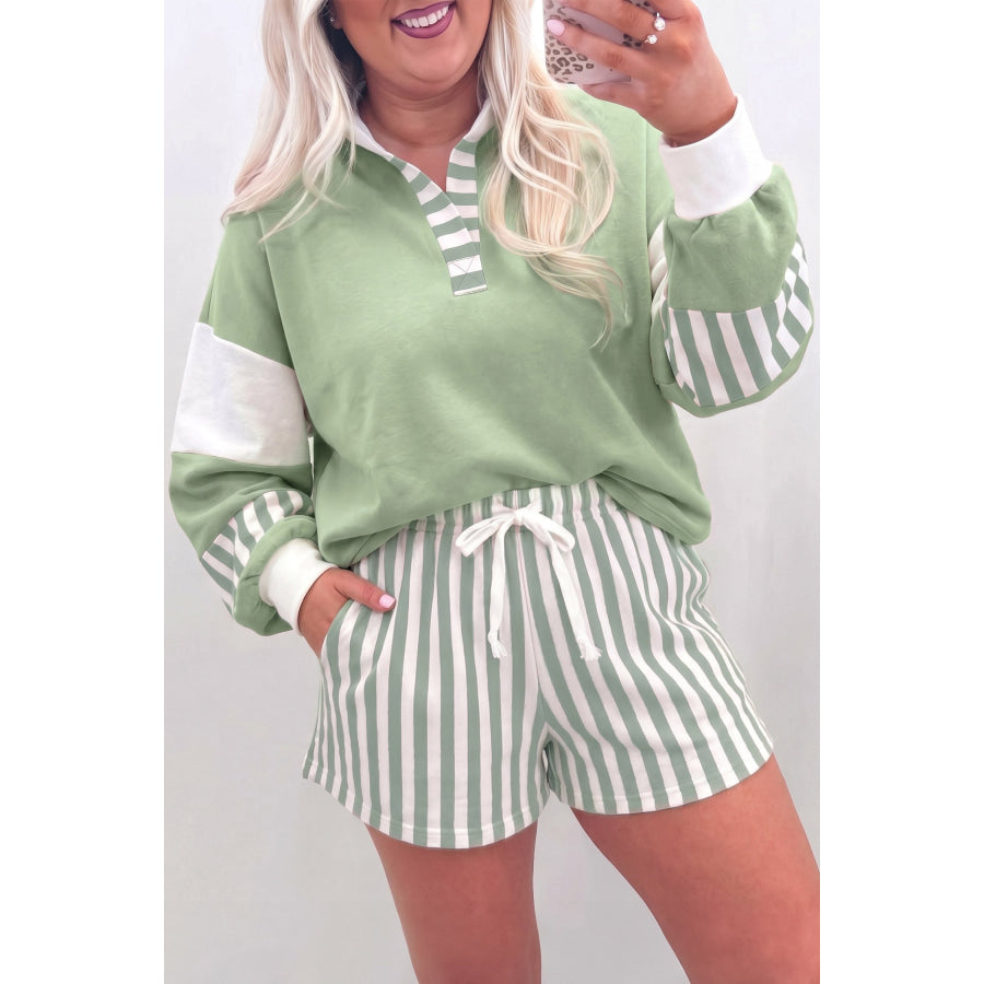 Smoke Green Striped Patchwork V Neck Two Piece Shorts Plus Size Set Smoke Green / 1X / 80% Polyester + 20% Cotton Plus Size/Plus Size