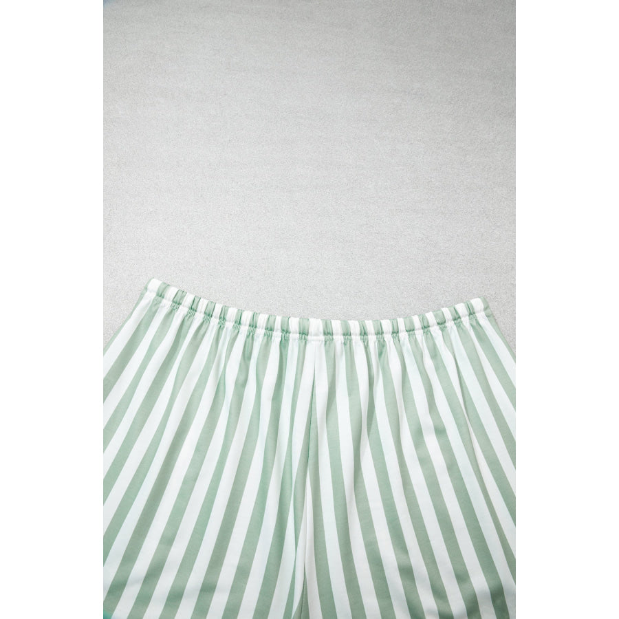 Smoke Green Striped Patchwork V Neck Two Piece Shorts Plus Size Set Size/Plus Loungewear
