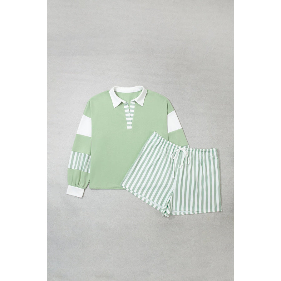 Smoke Green Striped Patchwork V Neck Two Piece Shorts Plus Size Set Size/Plus Loungewear