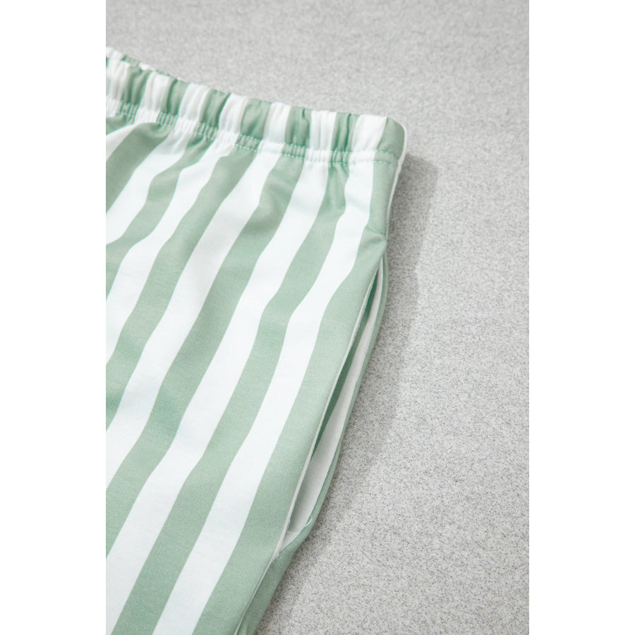 Smoke Green Striped Patchwork V Neck Two Piece Shorts Plus Size Set Size/Plus Loungewear