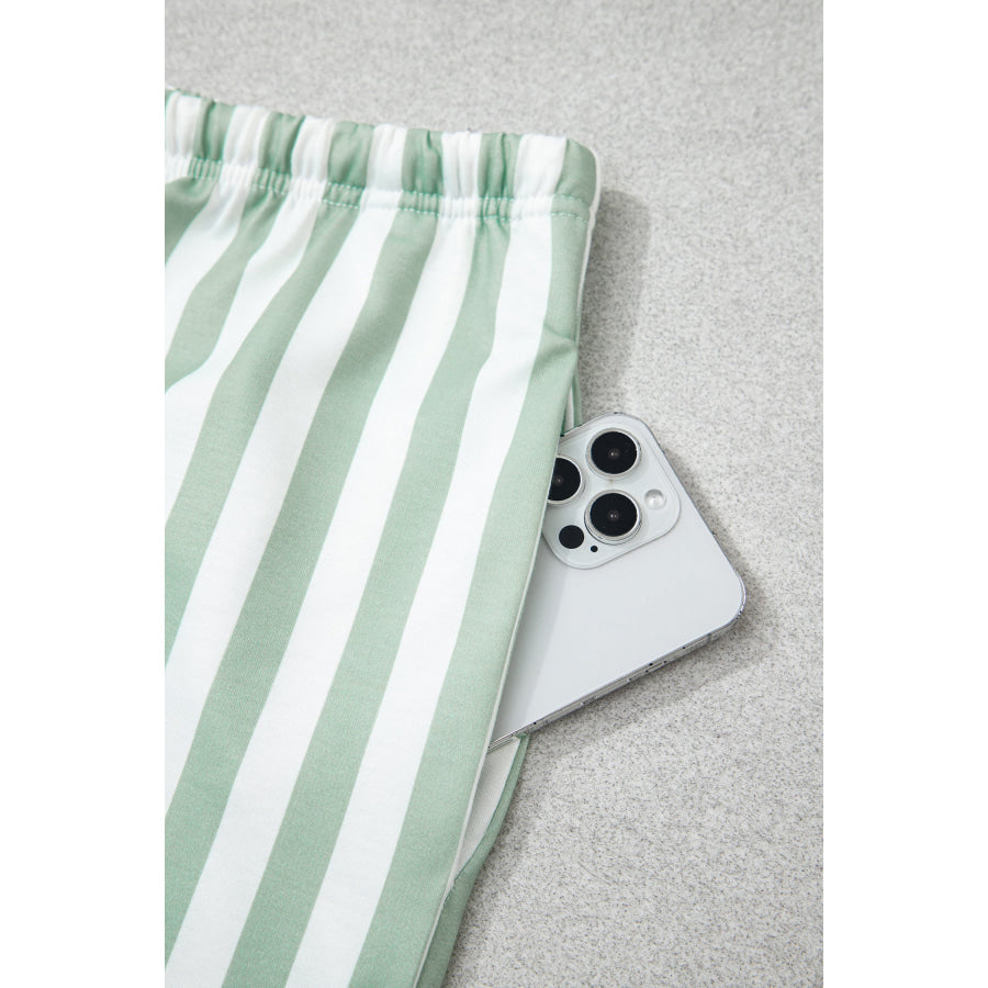 Smoke Green Striped Patchwork V Neck Two Piece Shorts Plus Size Set Size/Plus Loungewear