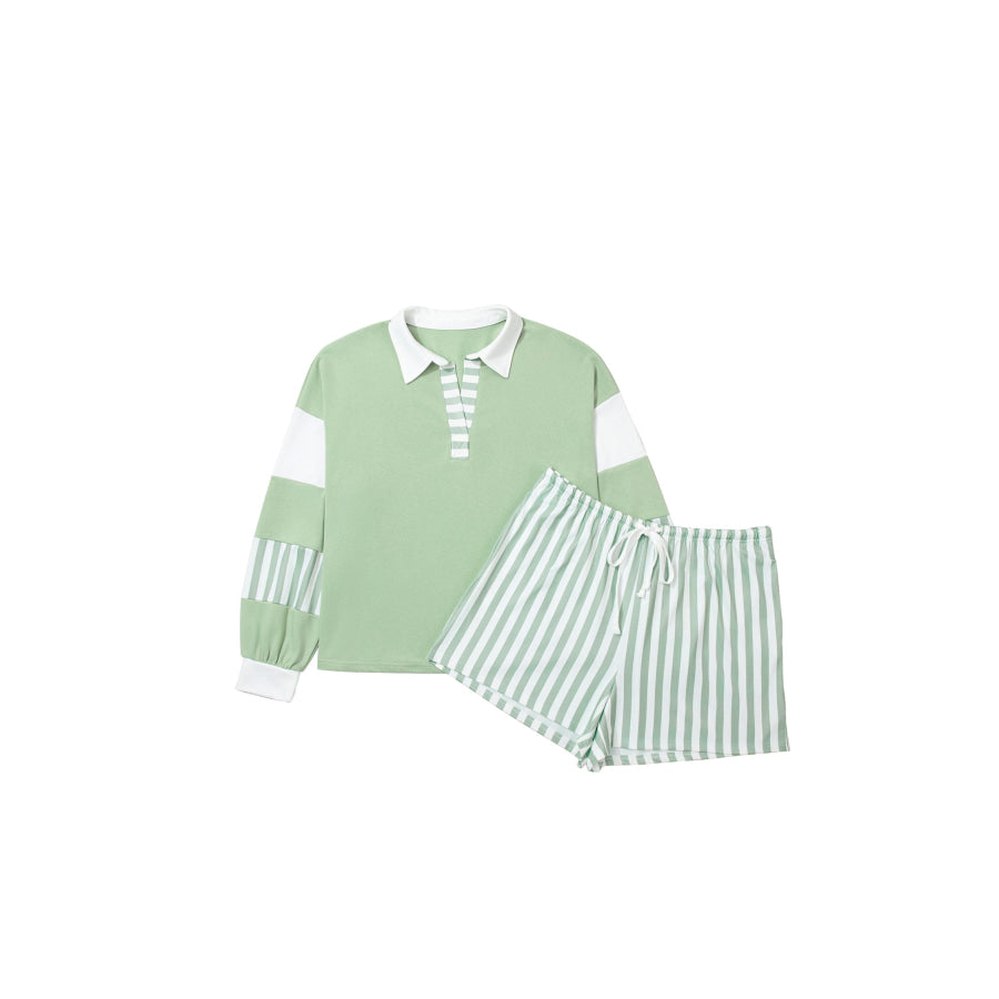 Smoke Green Striped Patchwork V Neck Two Piece Shorts Plus Size Set Size/Plus Loungewear