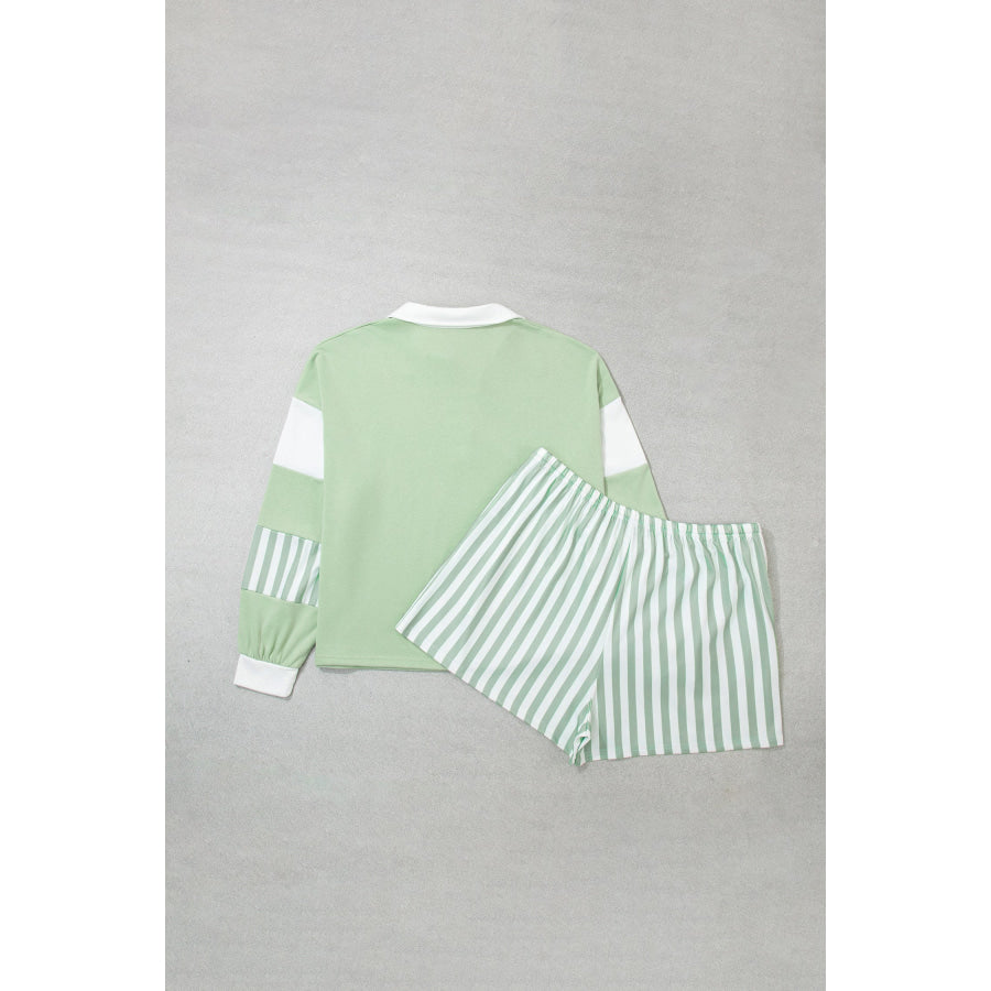 Smoke Green Striped Patchwork V Neck Two Piece Shorts Plus Size Set Size/Plus Loungewear