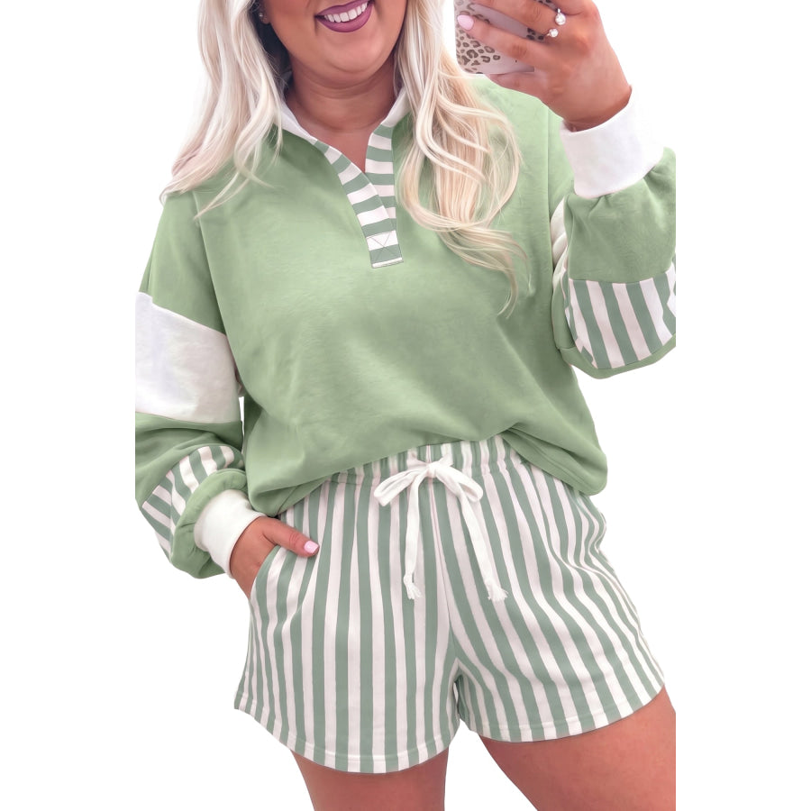 Smoke Green Striped Patchwork V Neck Two Piece Shorts Plus Size Set Size/Plus Loungewear