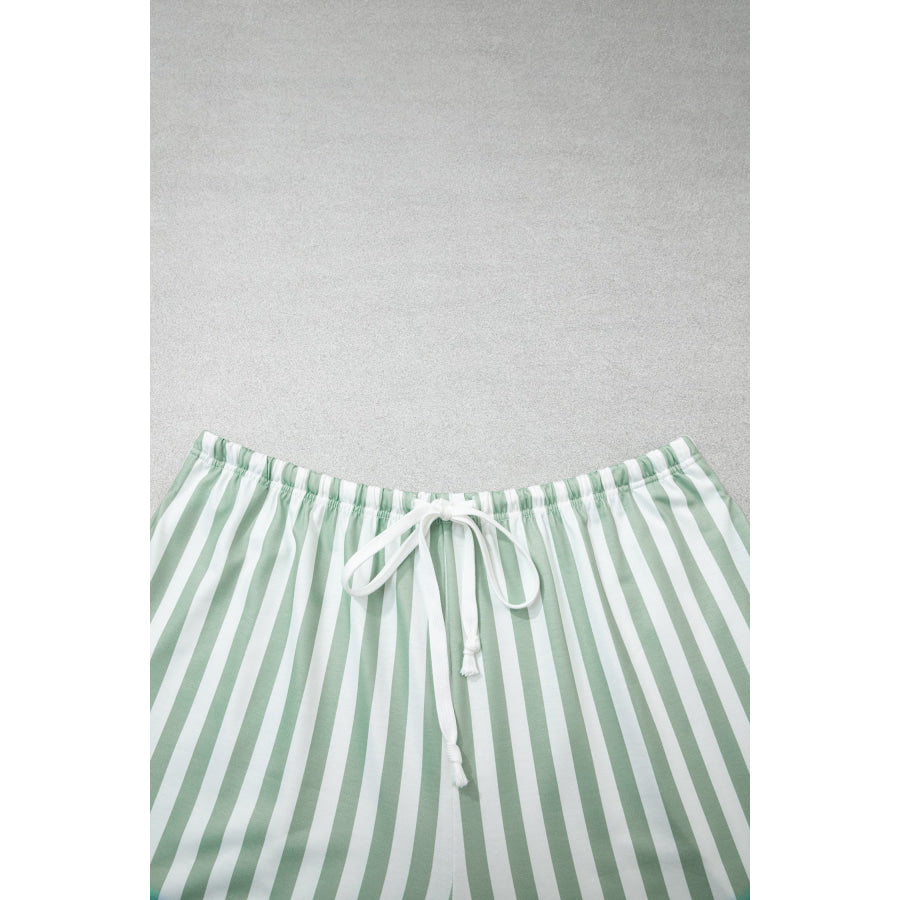 Smoke Green Striped Patchwork V Neck Two Piece Shorts Plus Size Set Size/Plus Loungewear