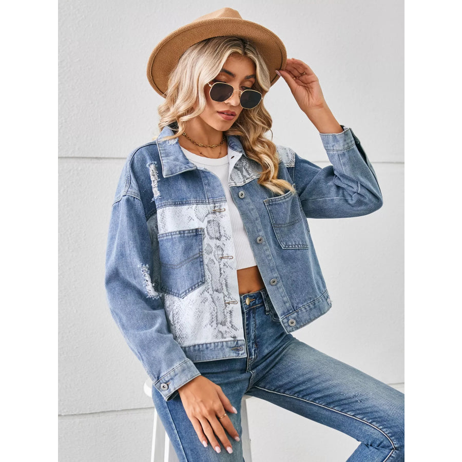 Snake Print Button Up Denim Jacket Apparel and Accessories
