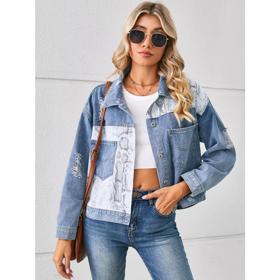 Snake Print Button Up Denim Jacket Apparel and Accessories