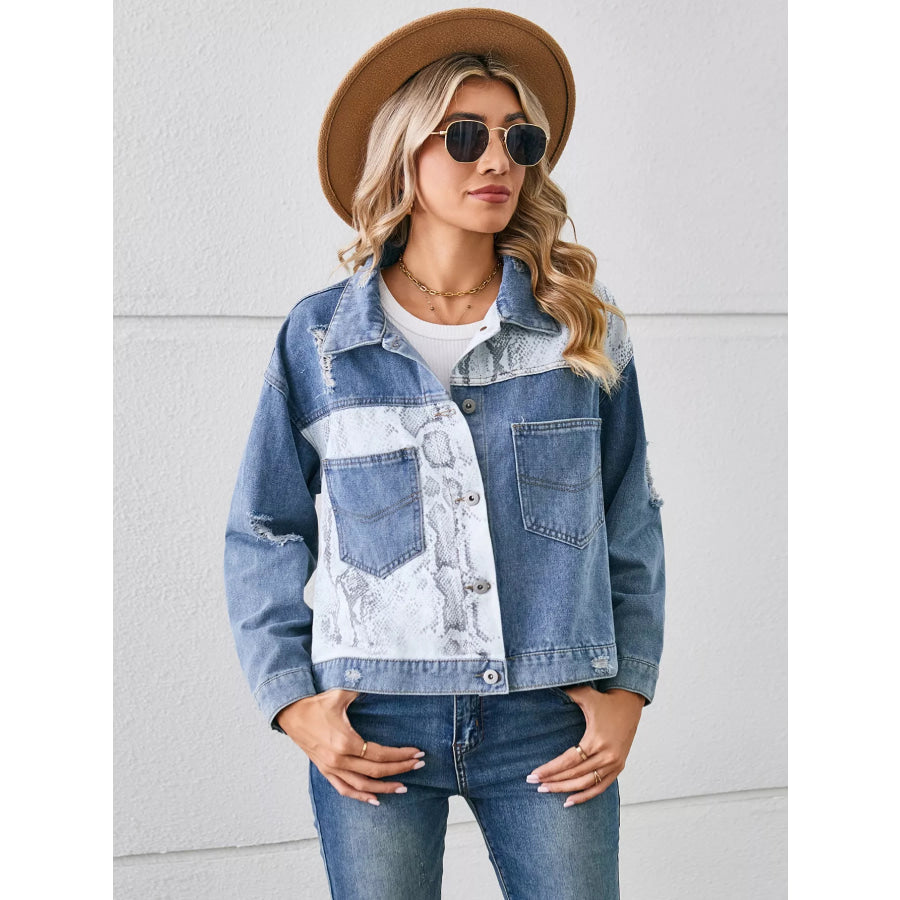 Snake Print Button Up Denim Jacket Python Pattern / S Apparel and Accessories