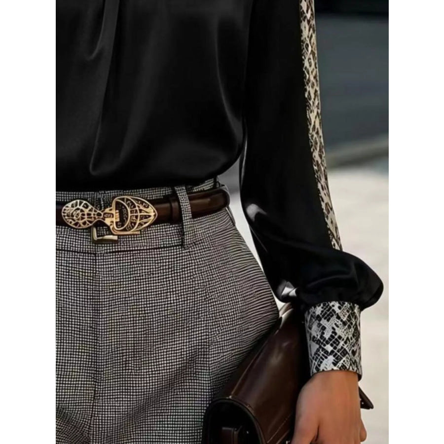 Snake Print Contrast Trim Satin Blouse Apparel and Accessories