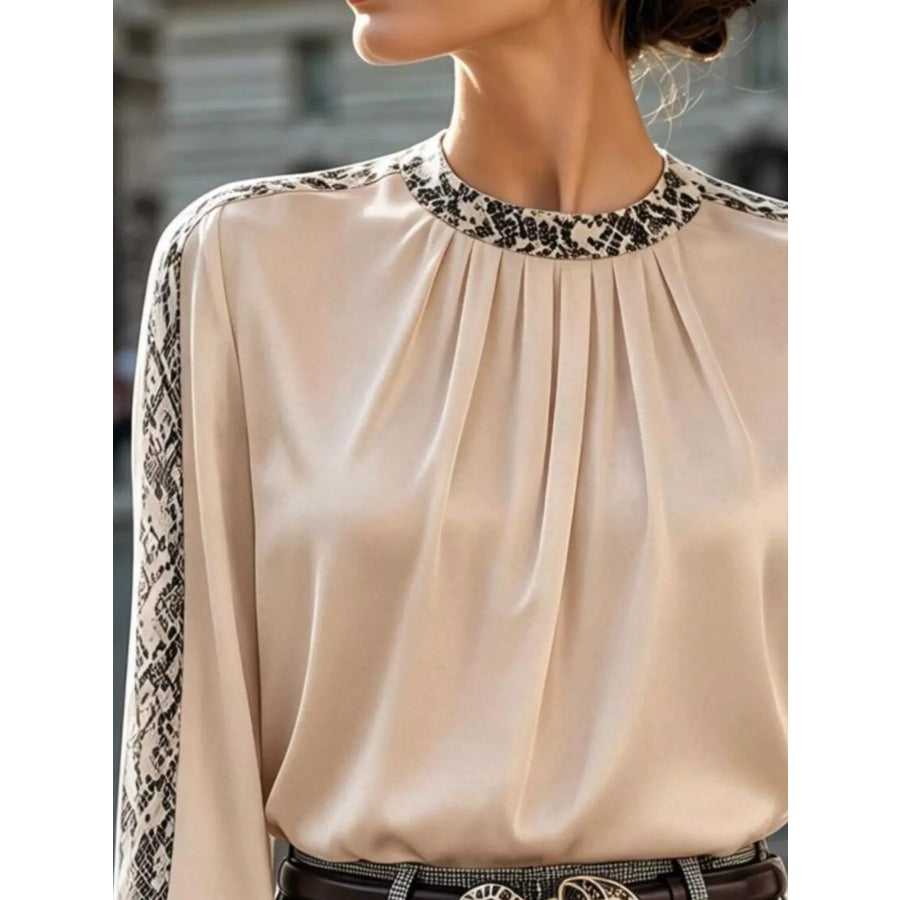 Snake Print Contrast Trim Satin Blouse Apparel and Accessories