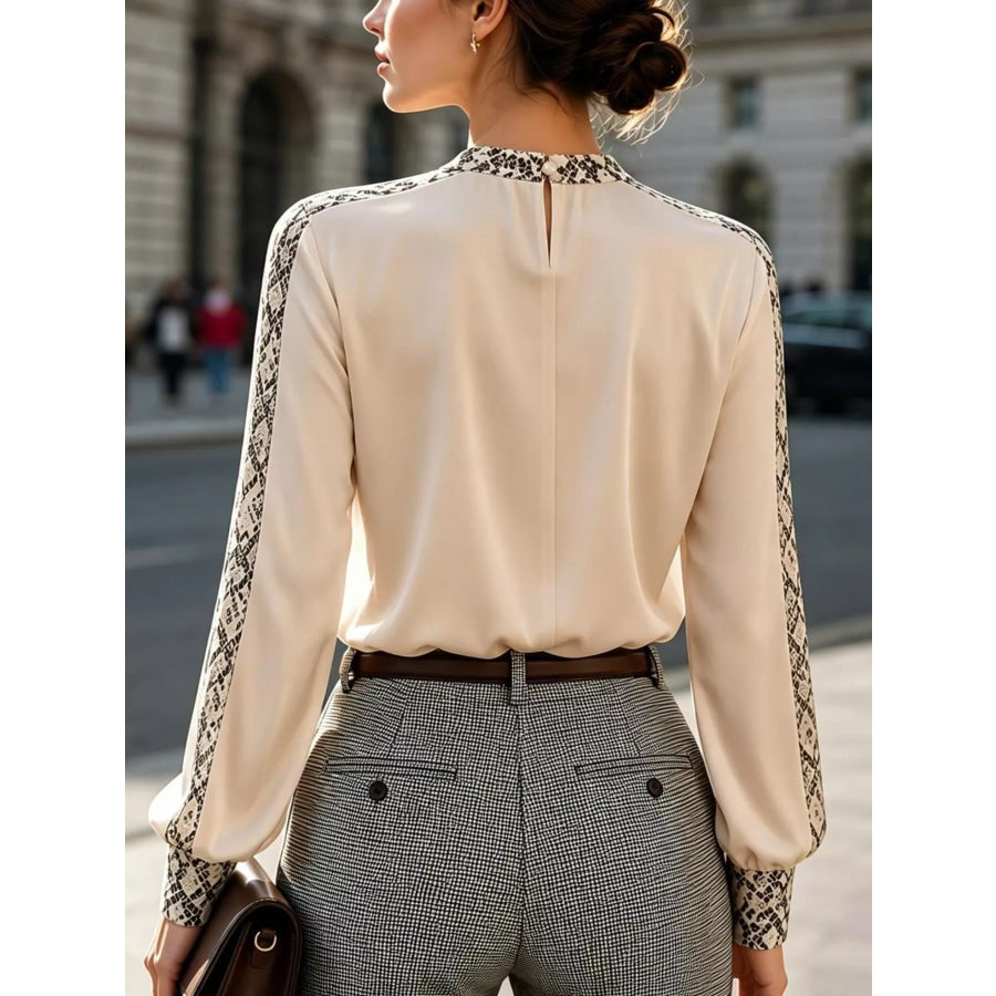 Snake Print Contrast Trim Satin Blouse Apparel and Accessories