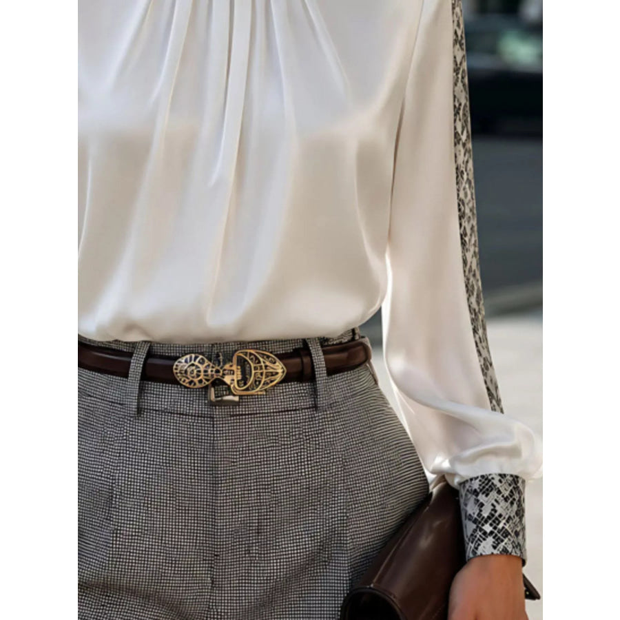 Snake Print Contrast Trim Satin Blouse Apparel and Accessories
