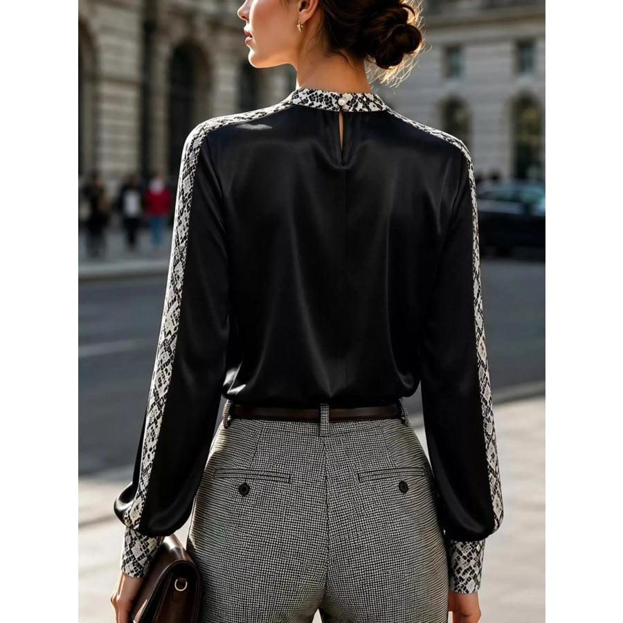 Snake Print Contrast Trim Satin Blouse Apparel and Accessories
