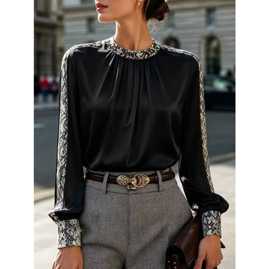 Snake Print Contrast Trim Satin Blouse Black / S Apparel and Accessories