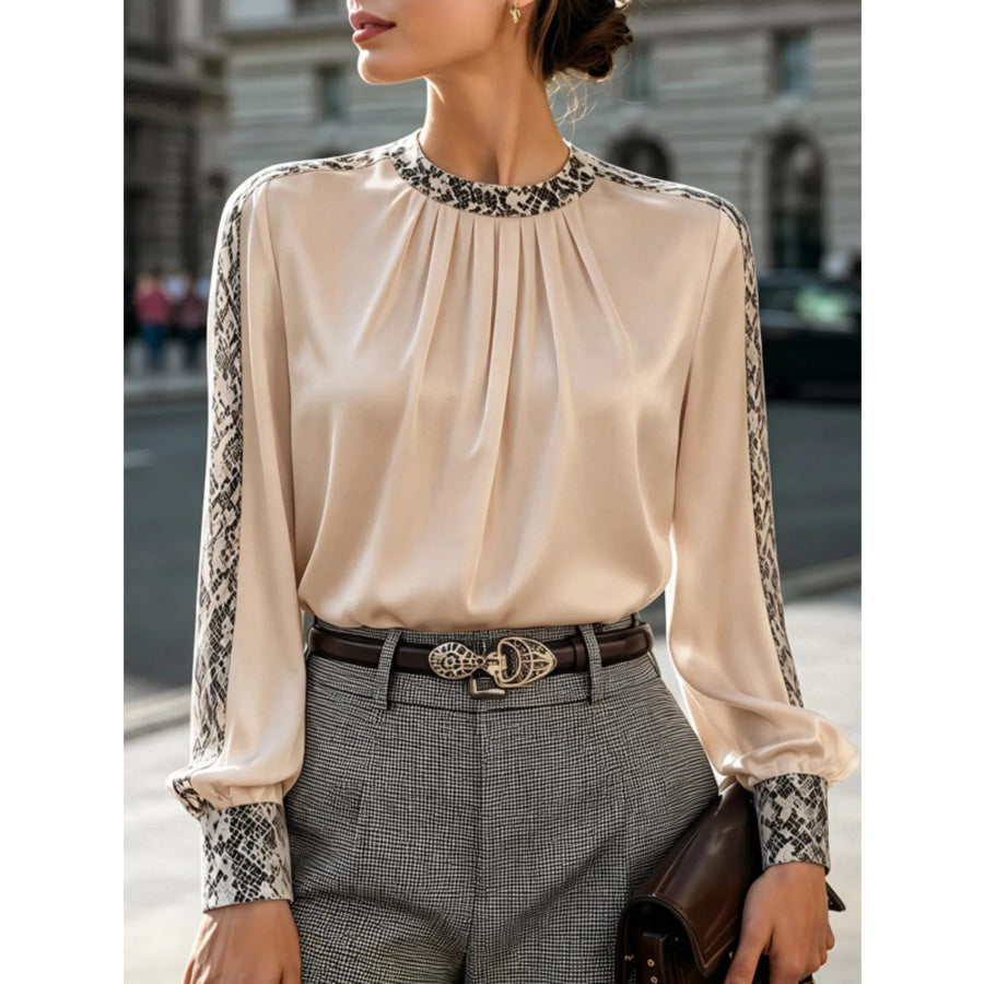 Snake Print Contrast Trim Satin Blouse Tan / S Apparel and Accessories