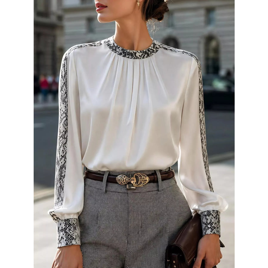 Snake Print Contrast Trim Satin Blouse White / S Apparel and Accessories