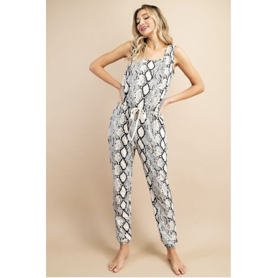 NEW! Snakeskin Print Jumpsuit with Drawstring Cinched Waist and Pockets Jumpsuit