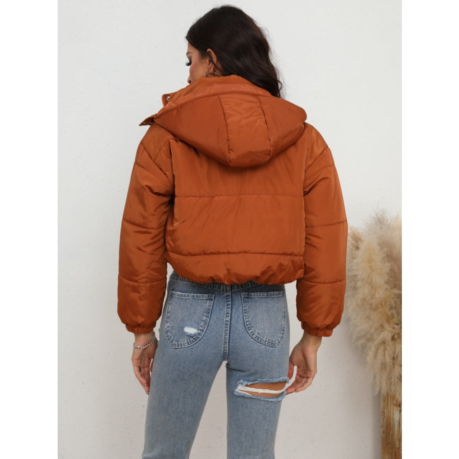 Snap and Zip Closure Hooded Puffer Jacket Ochre / S