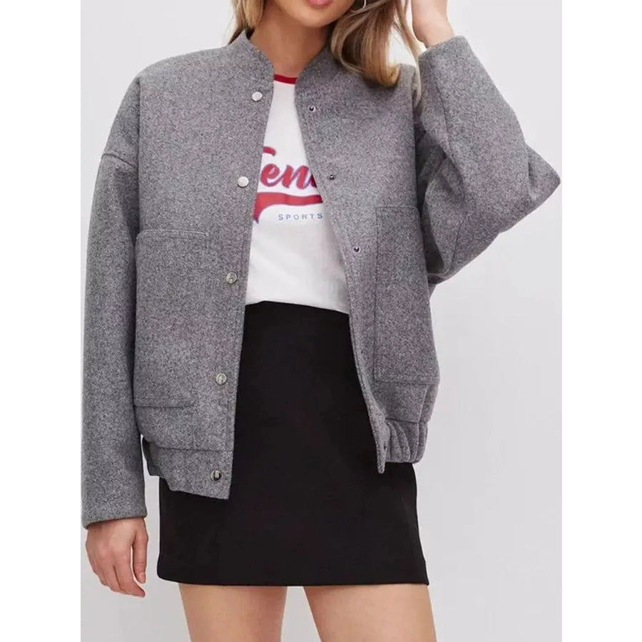 Snap-Button Bomber Jacket Gray / S Apparel and Accessories