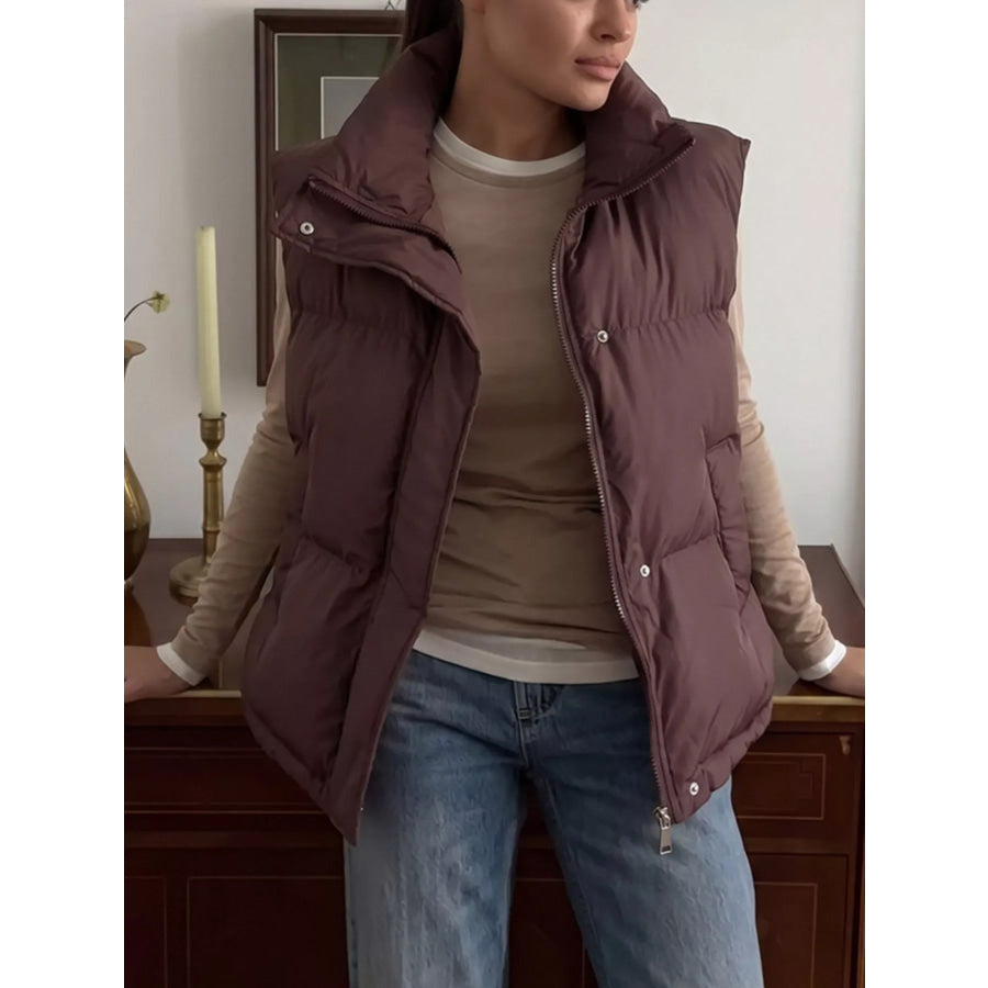Snap-Button Placket Quilted Puffer Vest Coat Brown / S Apparel and Accessories